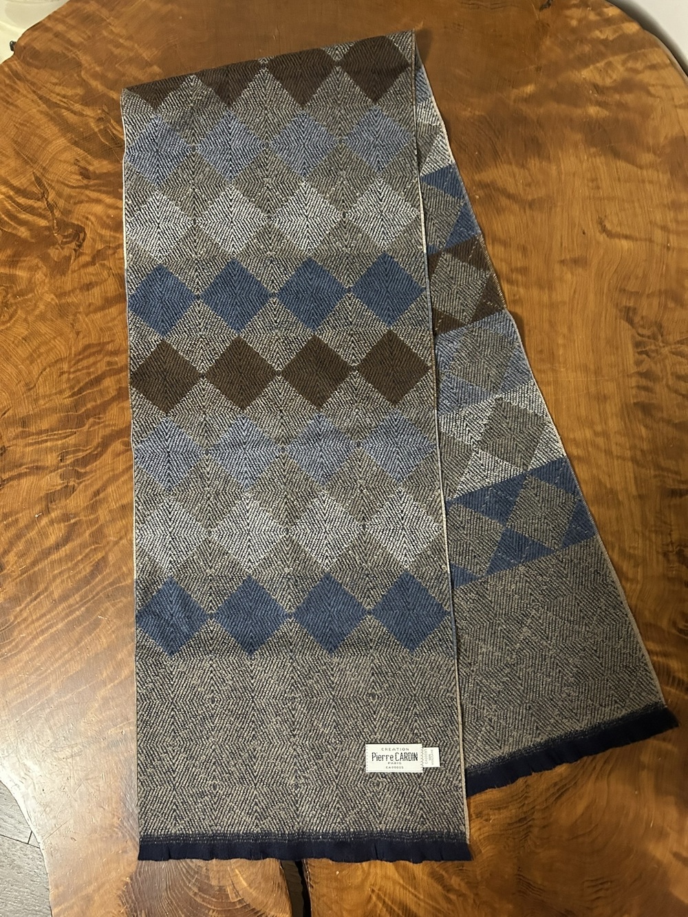 Vintage Pierre Cardin 100% Wool Argyle Knit Scarf Muffler Blue Brown Unisex